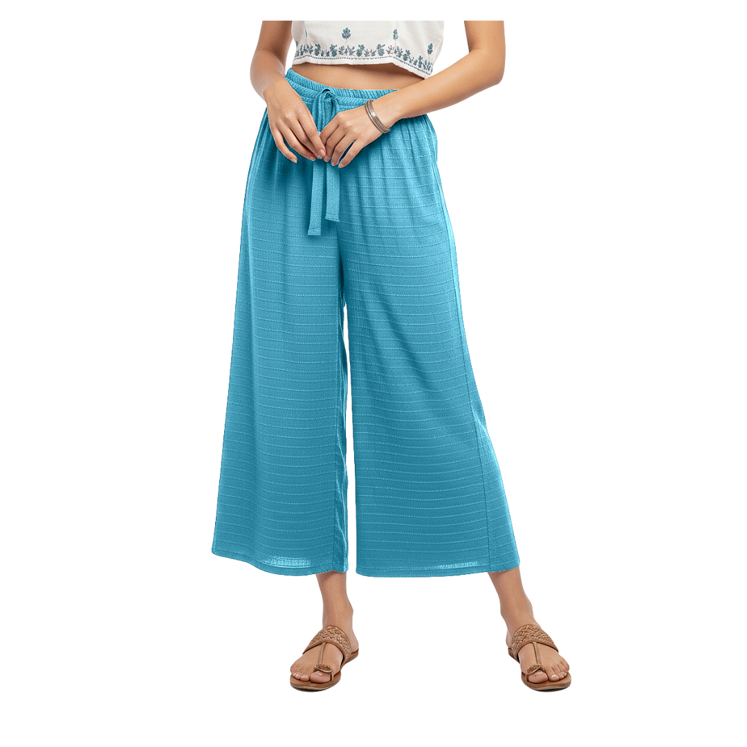 ENVAGOR Women's Solid Cling Series Comfortable 2 Pocket Regular Fit Flared Wide Leg Palazzo Pants for Office Casual Wear Aqua Colour