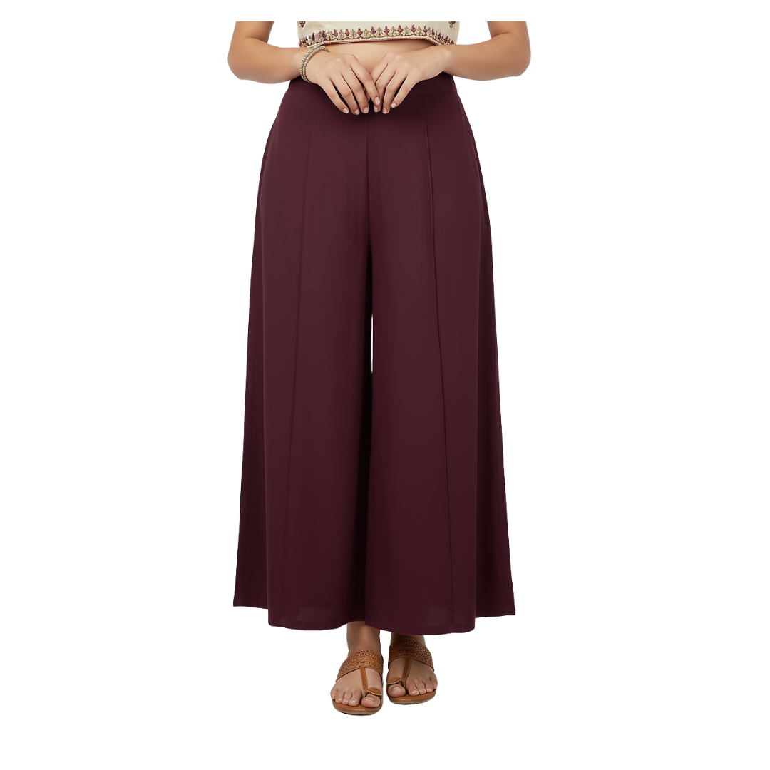 ENVAGOR Women's Solid Eira Series Comfortable 2 Pocket Regular Fit Flared Wide Leg Palazzo Pants for Office Casual Wear Red Colour