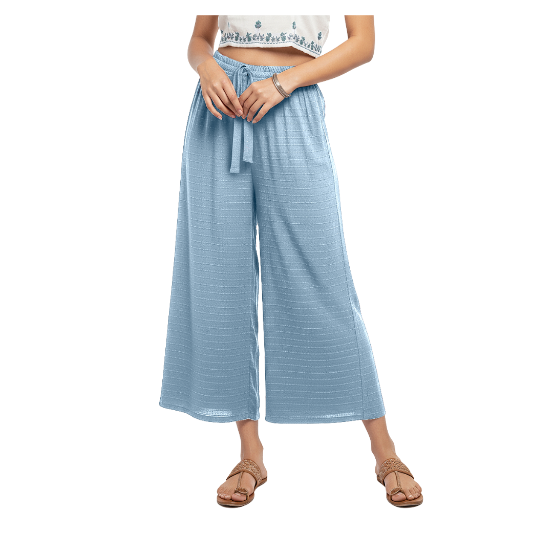 ENVAGOR Women's Solid Cling Series Comfortable 2 Pocket Regular Fit Flared Wide Leg Palazzo Pants for Office Casual Wear Light Blue