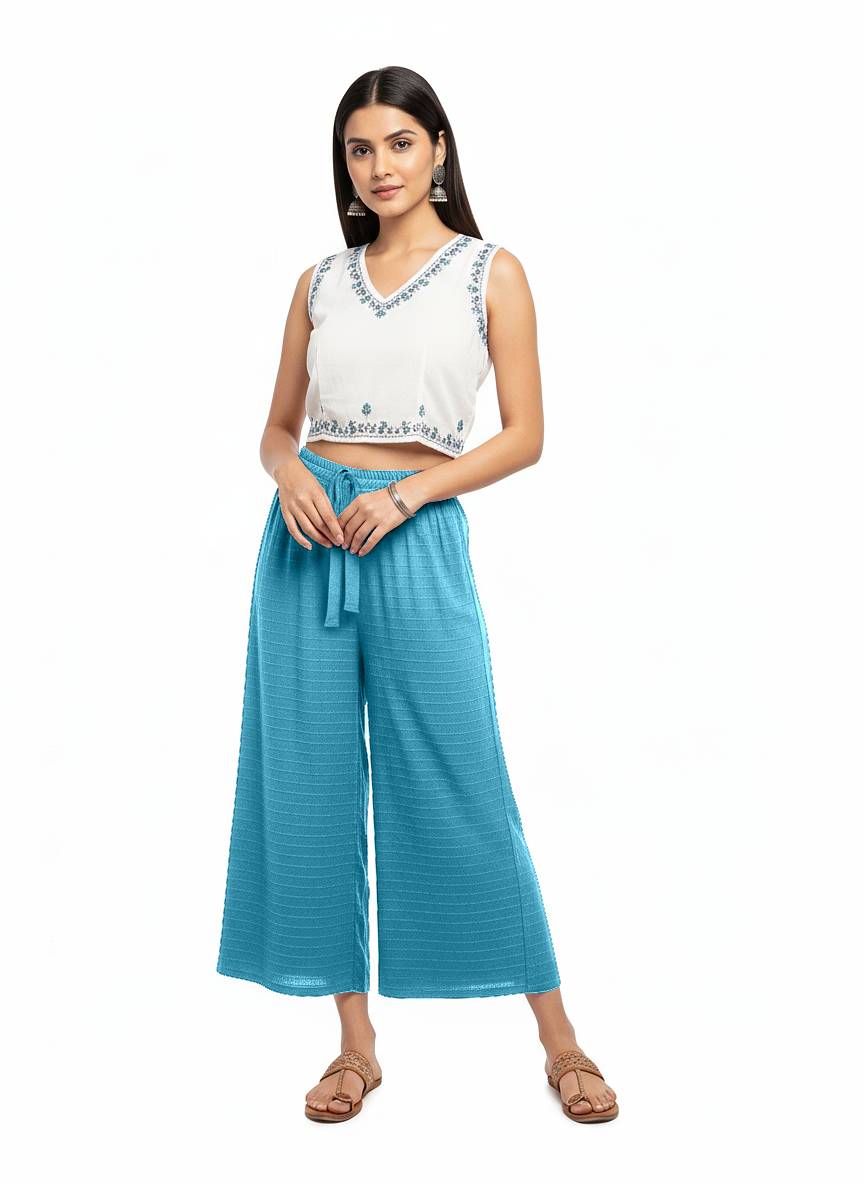 ENVAGOR Women's Solid Cling Series Comfortable 2 Pocket Regular Fit Flared Wide Leg Palazzo Pants for Office Casual Wear Aqua Colour