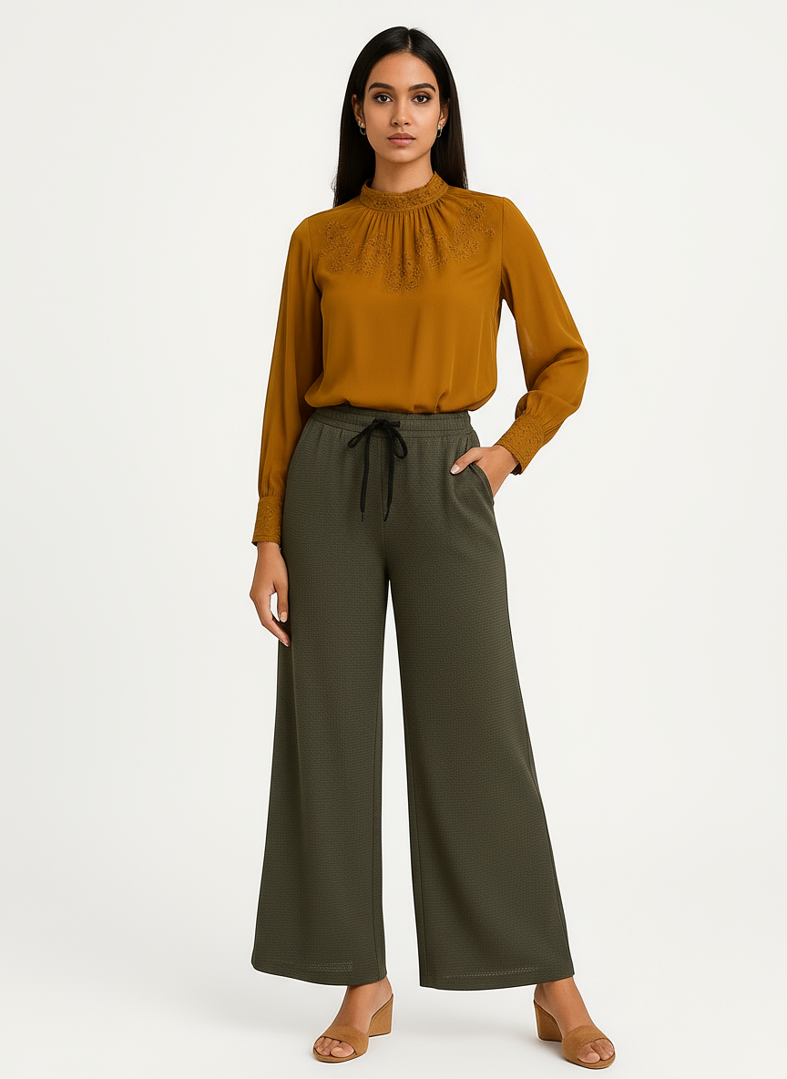 ENVAGOR Women's Solid Sena Series Comfortable 2 Pocket Regular Fit Flared Wide Leg Palazzo Pants for Office Casual Wear Brown
