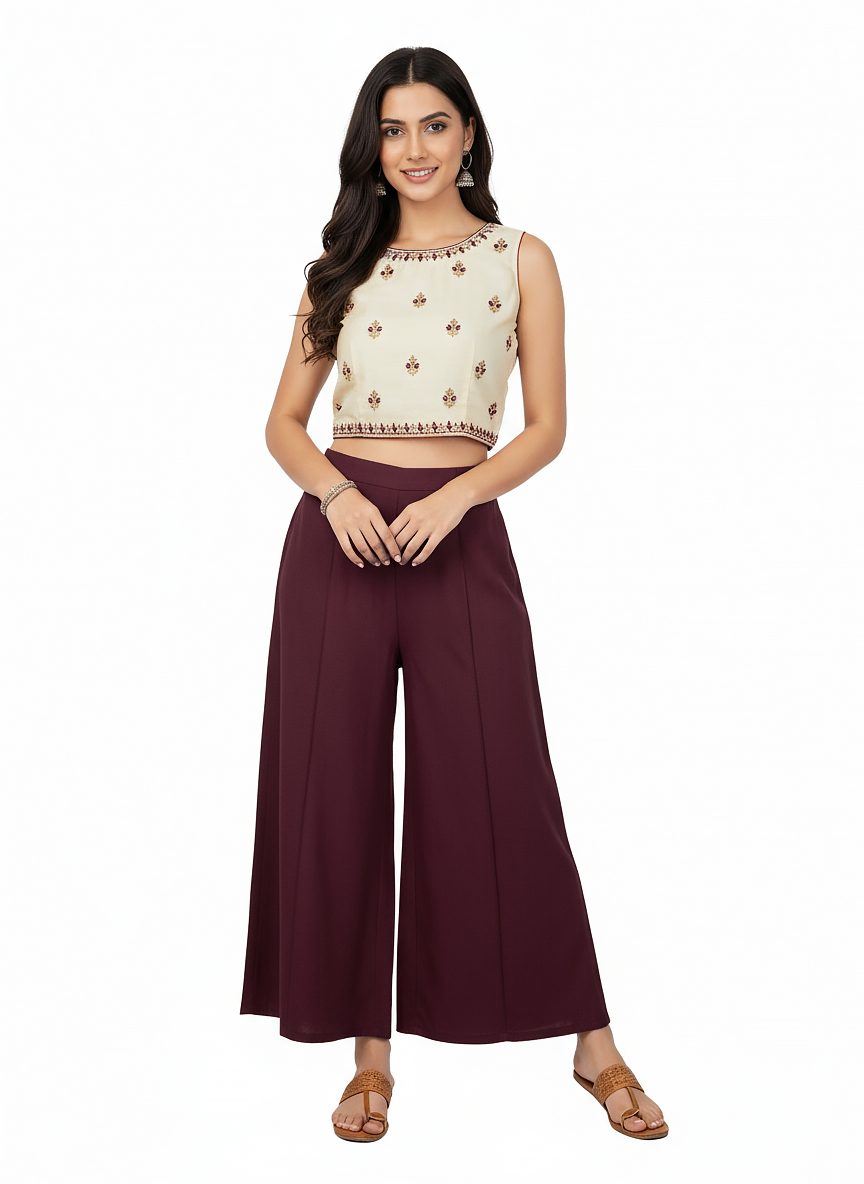 ENVAGOR Women's Solid Eira Series Comfortable 2 Pocket Regular Fit Flared Wide Leg Palazzo Pants for Office Casual Wear Red Colour