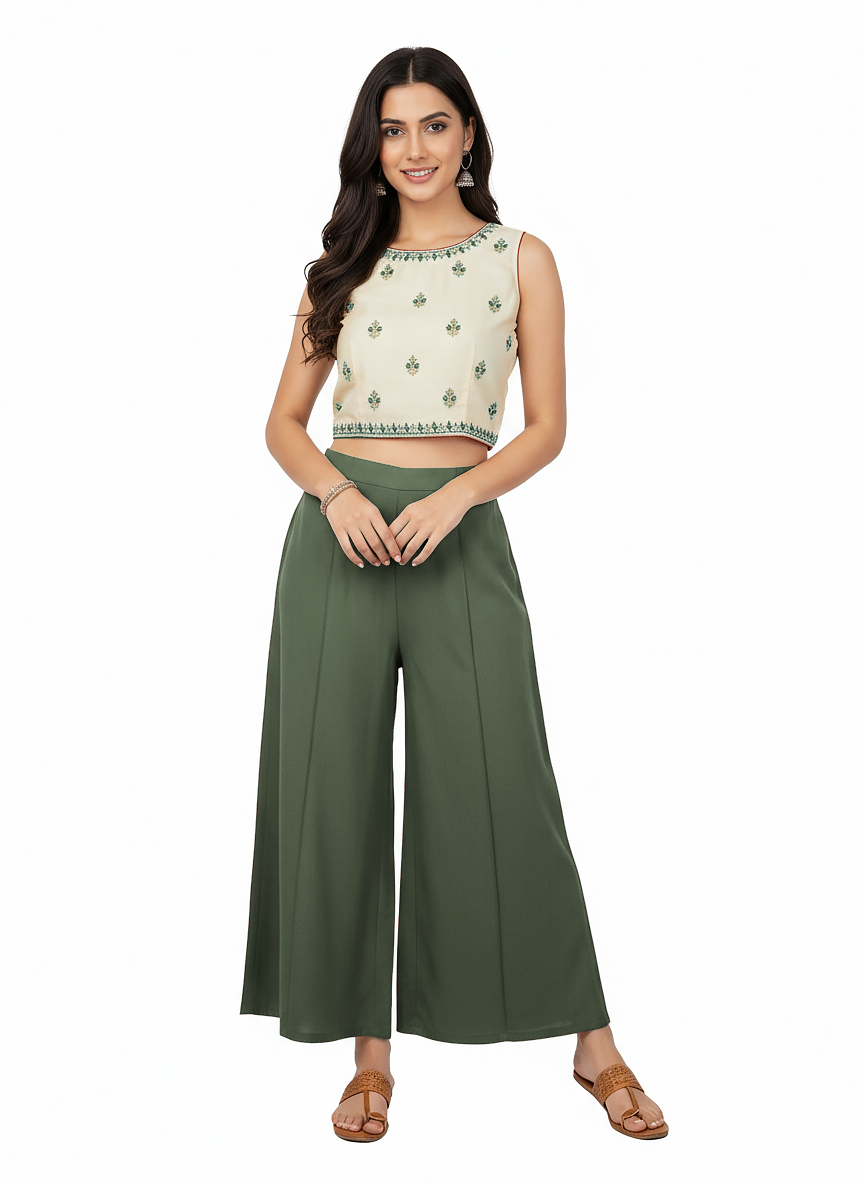 ENVAGOR Eira Series Women Palazzo| Regular Fit | Wide Leg | Office Wear| Casual Wear| 2 Pockets Green Colour