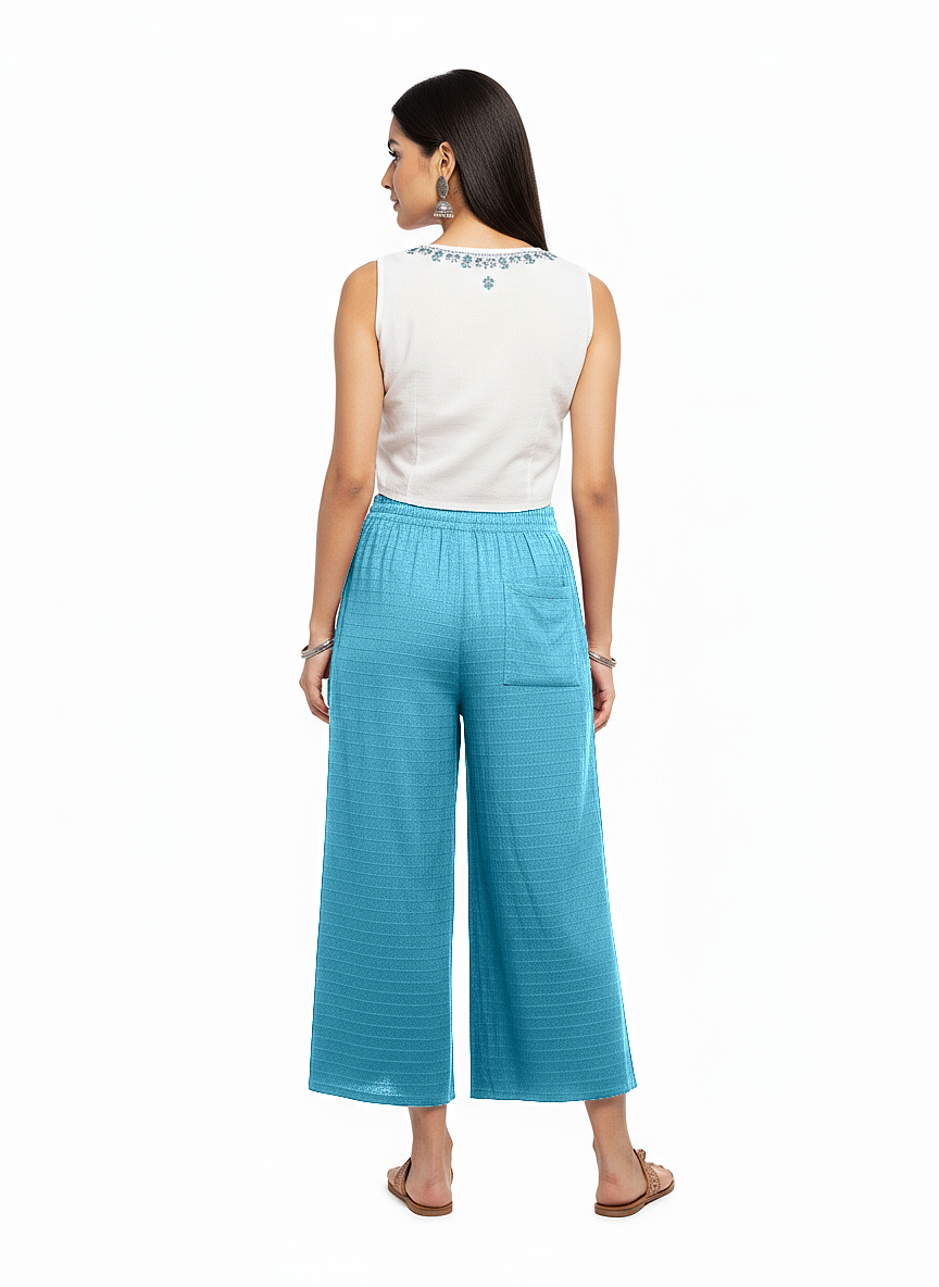 ENVAGOR Women's Solid Cling Series Comfortable 2 Pocket Regular Fit Flared Wide Leg Palazzo Pants for Office Casual Wear Aqua Colour