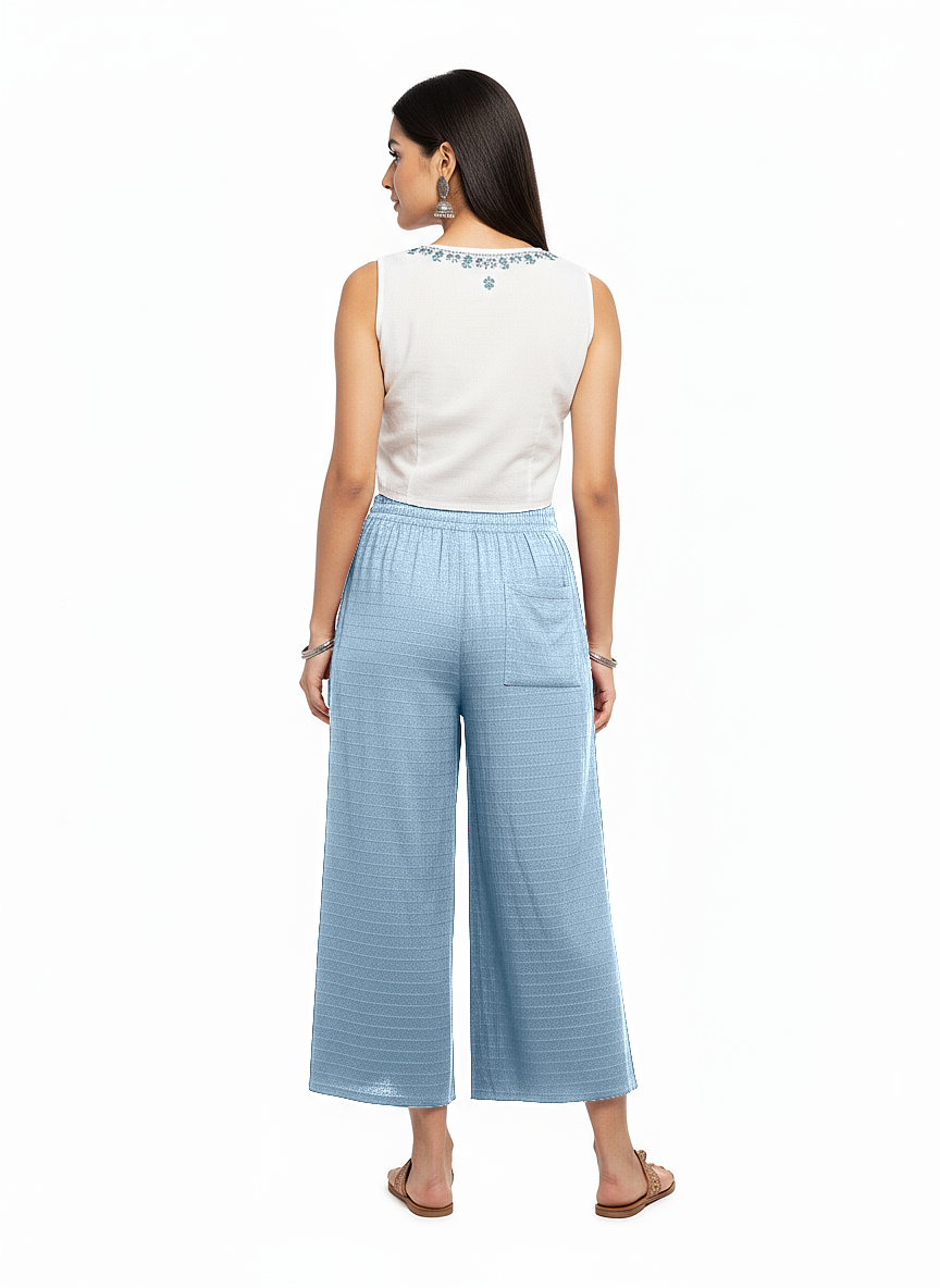 ENVAGOR Women's Solid Cling Series Comfortable 2 Pocket Regular Fit Flared Wide Leg Palazzo Pants for Office Casual Wear Light Blue