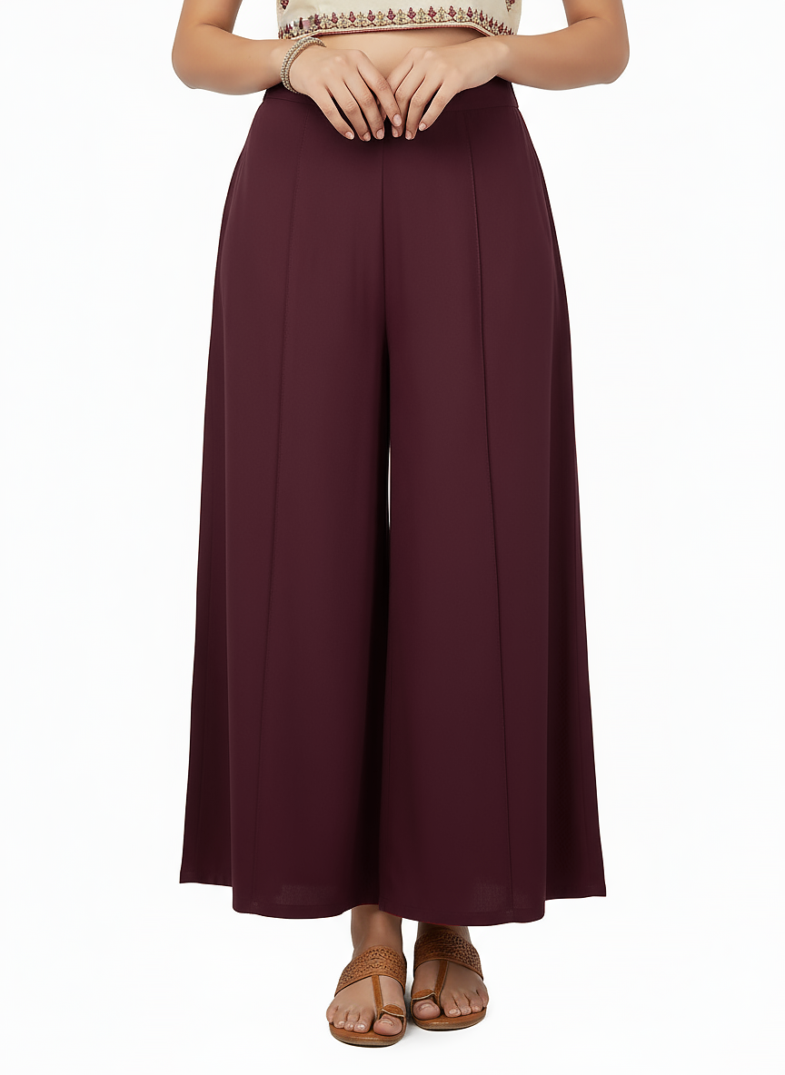 ENVAGOR Women's Solid Eira Series Comfortable 2 Pocket Regular Fit Flared Wide Leg Palazzo Pants for Office Casual Wear Red Colour