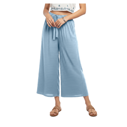 ENVAGOR Women's Solid Cling Series Comfortable 2 Pocket Regular Fit Flared Wide Leg Palazzo Pants for Office Casual Wear Light Blue