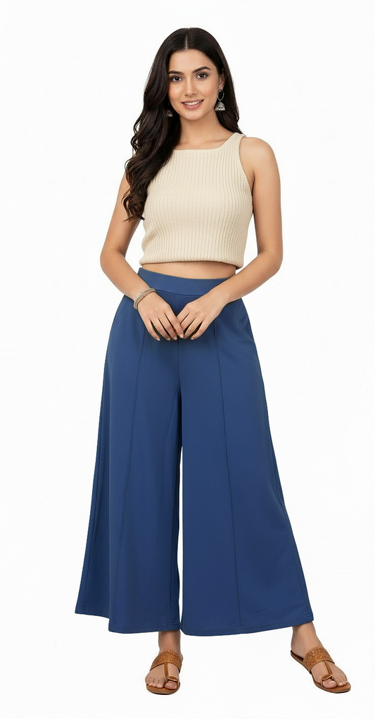 ENVAGOR Eira Series Women Palazzo| Regular Fit | Wide Leg | Office Wear| Casual Wear| 2 Pockets Blue Colour