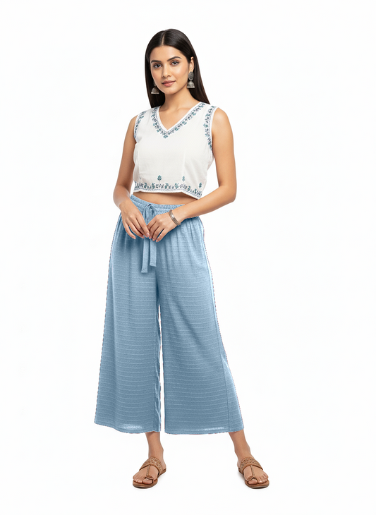 ENVAGOR Women's Solid Cling Series Comfortable 2 Pocket Regular Fit Flared Wide Leg Palazzo Pants for Office Casual Wear Light Blue