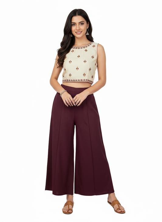 ENVAGOR Women's Solid Eira Series Comfortable 2 Pocket Regular Fit Flared Wide Leg Palazzo Pants for Office Casual Wear  Red Colour