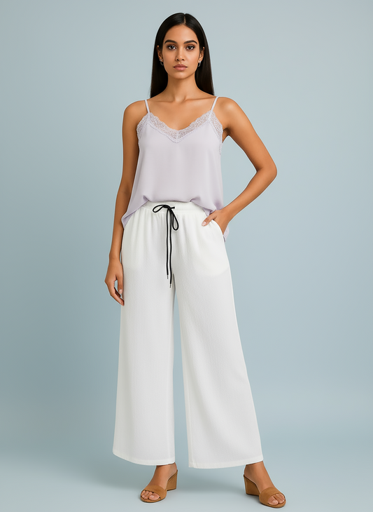 ENVAGOR Sena Series Women Palazzo| Regular Fit | Wide Leg | Office Wear| Casual Wear| 2 Pockets White Colour