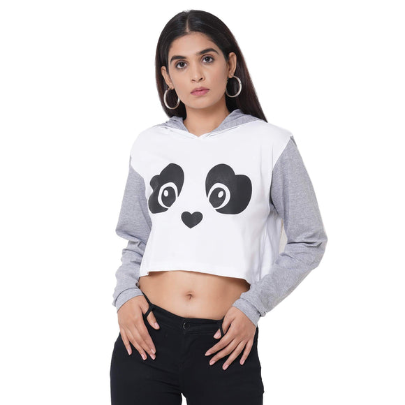 Grey Crop Panda Hoodie for Women